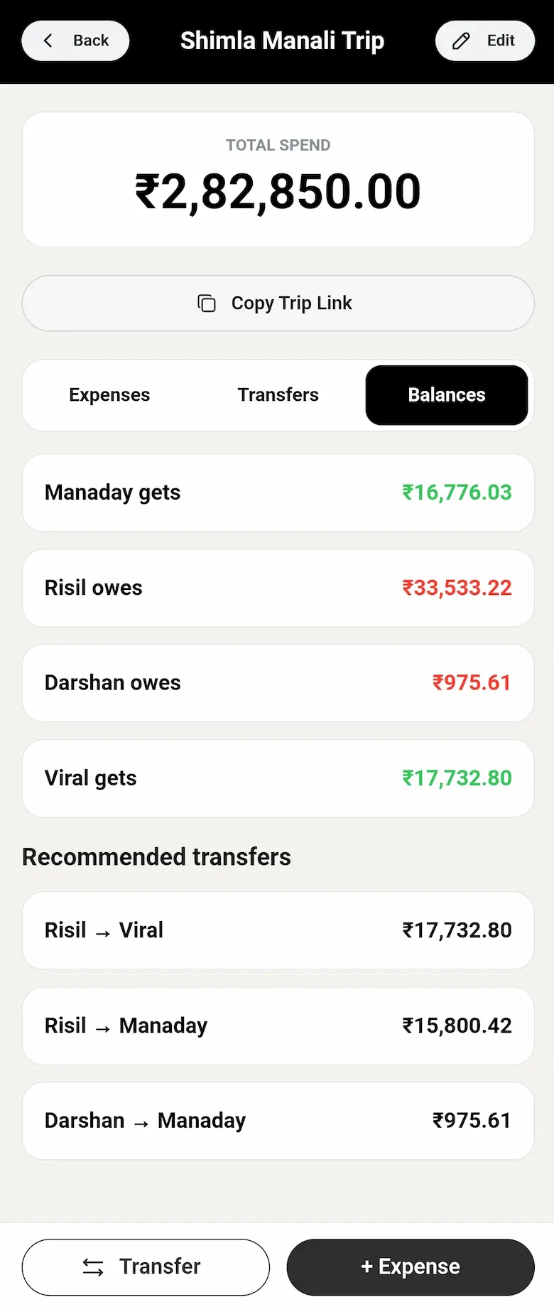 SplitRover balances showing who gets, who owes, and recommended transfers.