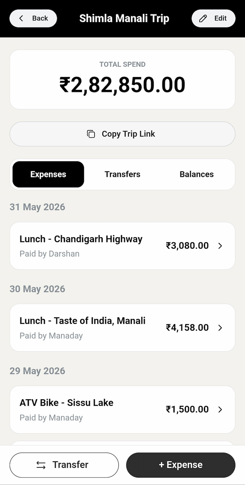 SplitRover trip overview showing total spend, copy trip link, and expenses.